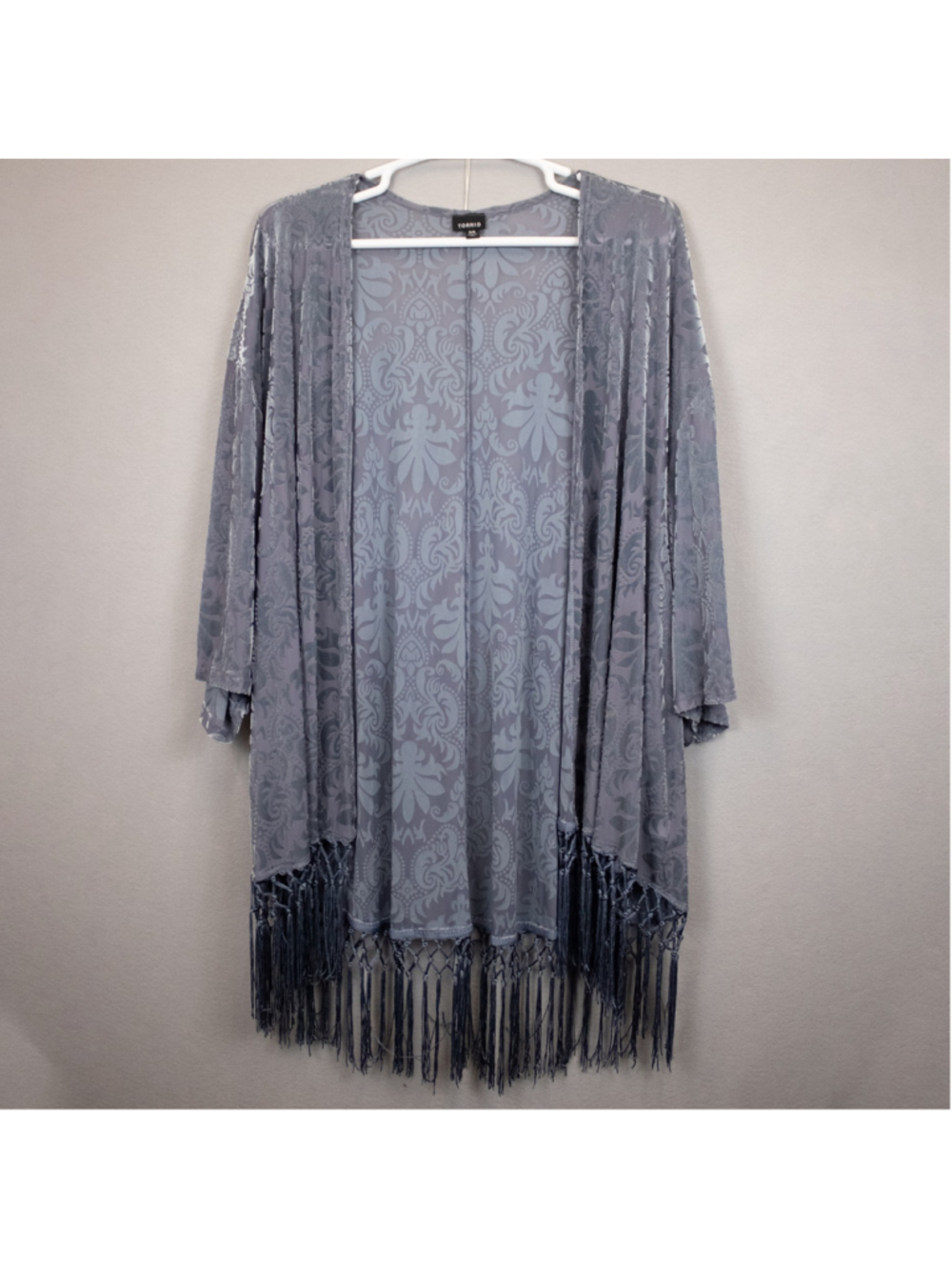 Torrid steel grey damask burnt velvet fringe kimono cover up-5/6
